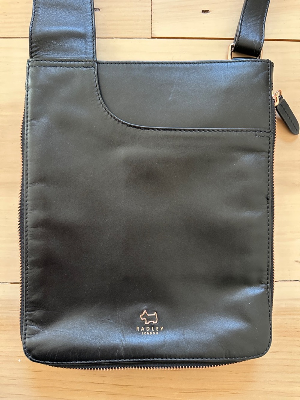 RADLEY LONDON Black Leather Crossbody Messenger with Gold Logo Accent